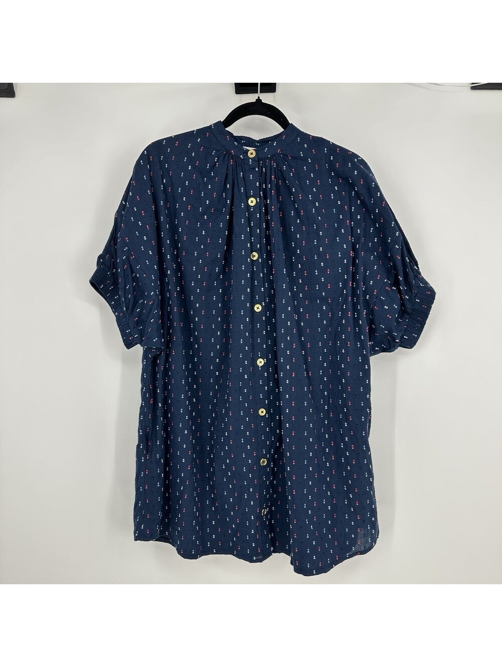 Never A Wallflower Womens Puff Sleeve Tunic Top XS Navy Swith Dot Button Front